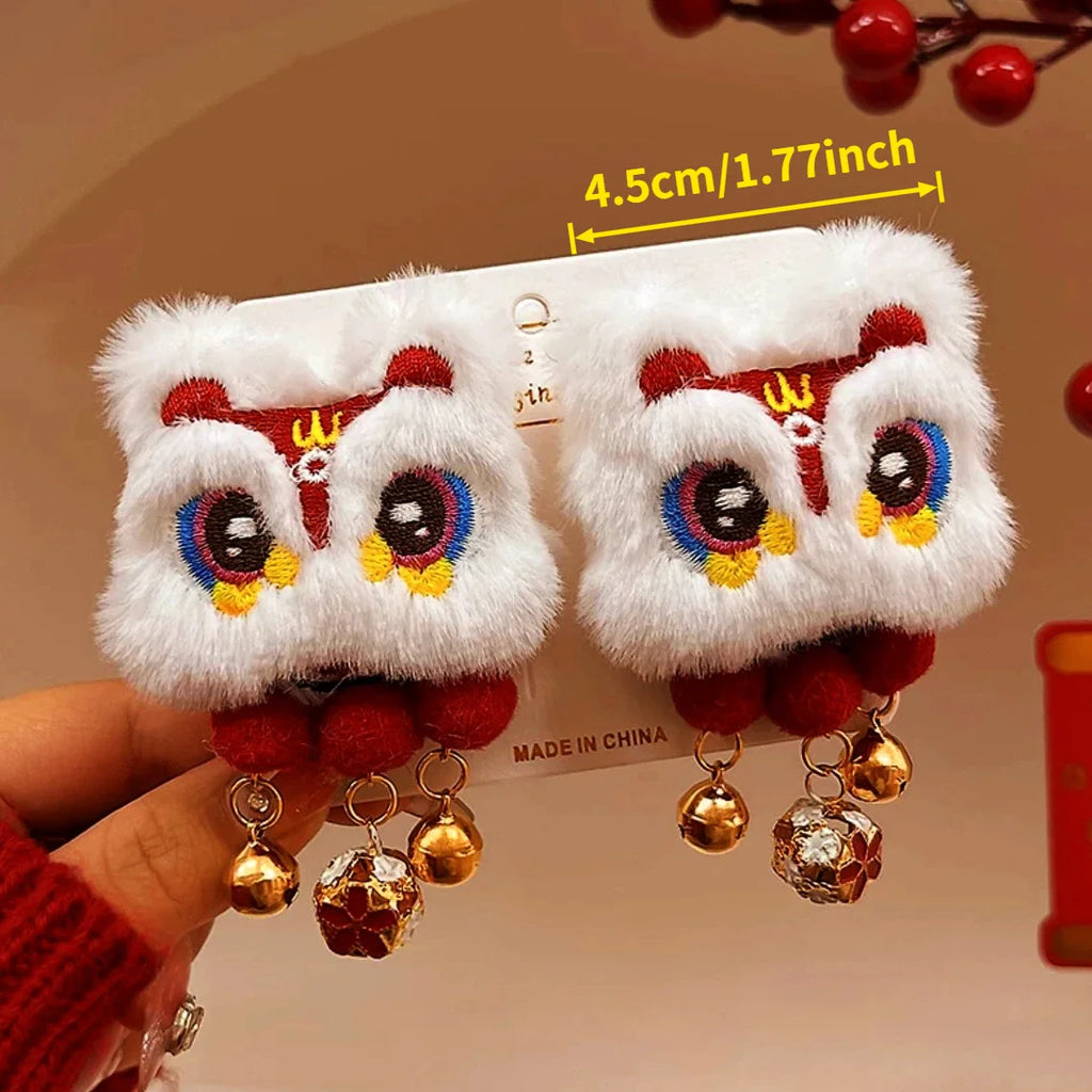 2pcs Chinese Lion Dance Hair Clip Pompom Tassel Barrette Traditional Xing Shi Awakened Lion Hairpin Oriental Festival Accessorie Oasis Select