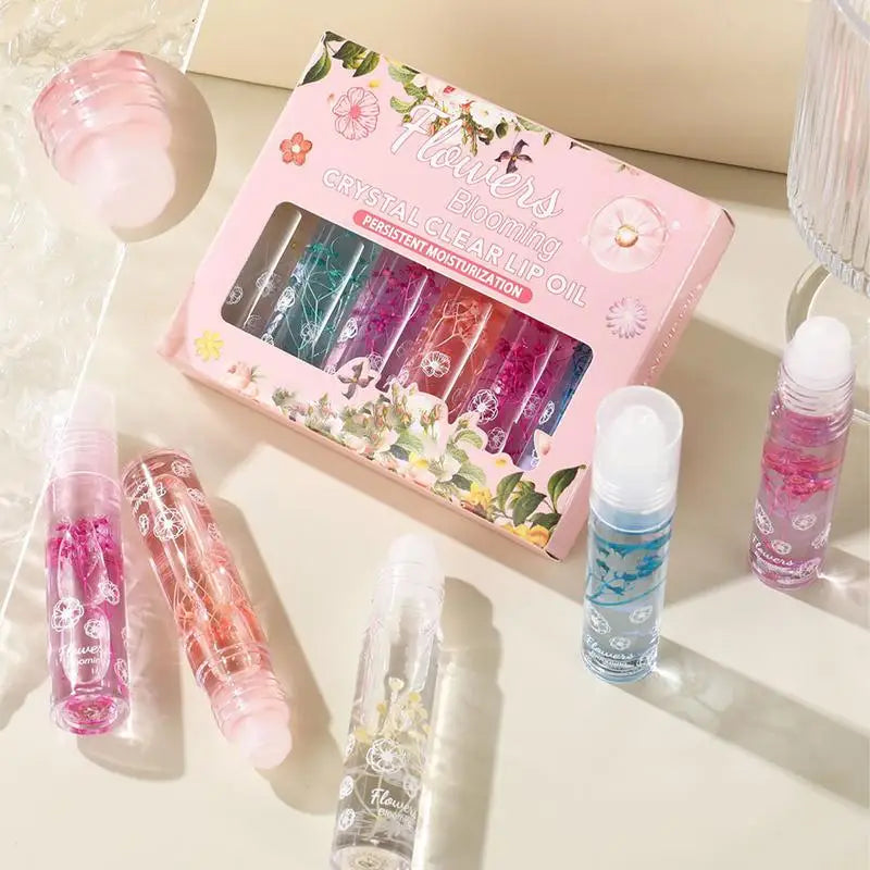 Flower Roll-On Lip Oil Set – Crystal Clear Gloss 6pc Lip Oil Gloss Set Oasis Select