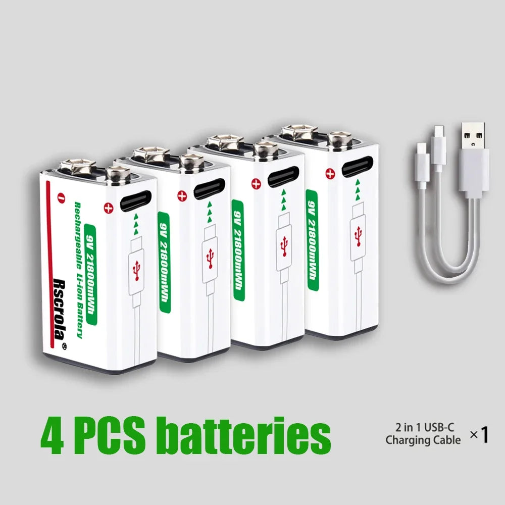 Long-Lasting 9V Lithium Ion Rechargeable Battery 21800mWh High Capacity for Guitar Microphone Smoke Detector Pedal with Cable Oasis Select 4 PCS Batteries