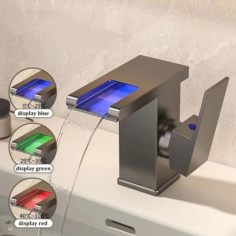 3-Color LED Waterfall Bathroom Faucet | Hot & Cold Brass Tap
