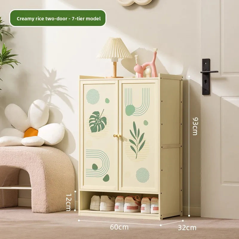 Cream style shoe cabinet Solid wood household door wabi-sabi style foyer cabinet Modern simple large-capacity balcony locker Oasis Select 2-7