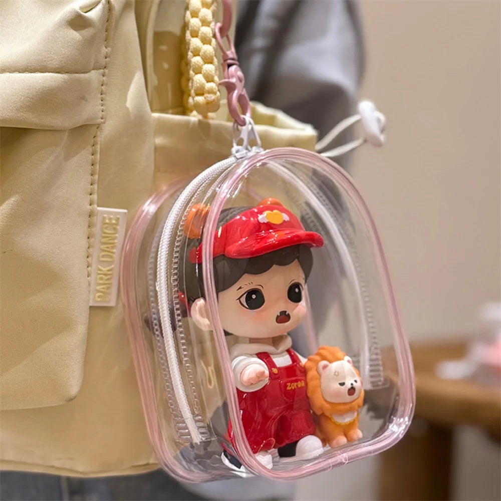 12cm PVC Transparent Storage Bag with Keychain Multicolor Cartoon Doll Display Box Dustproof Case Earphones Gift Organizer Bags Oasis Select