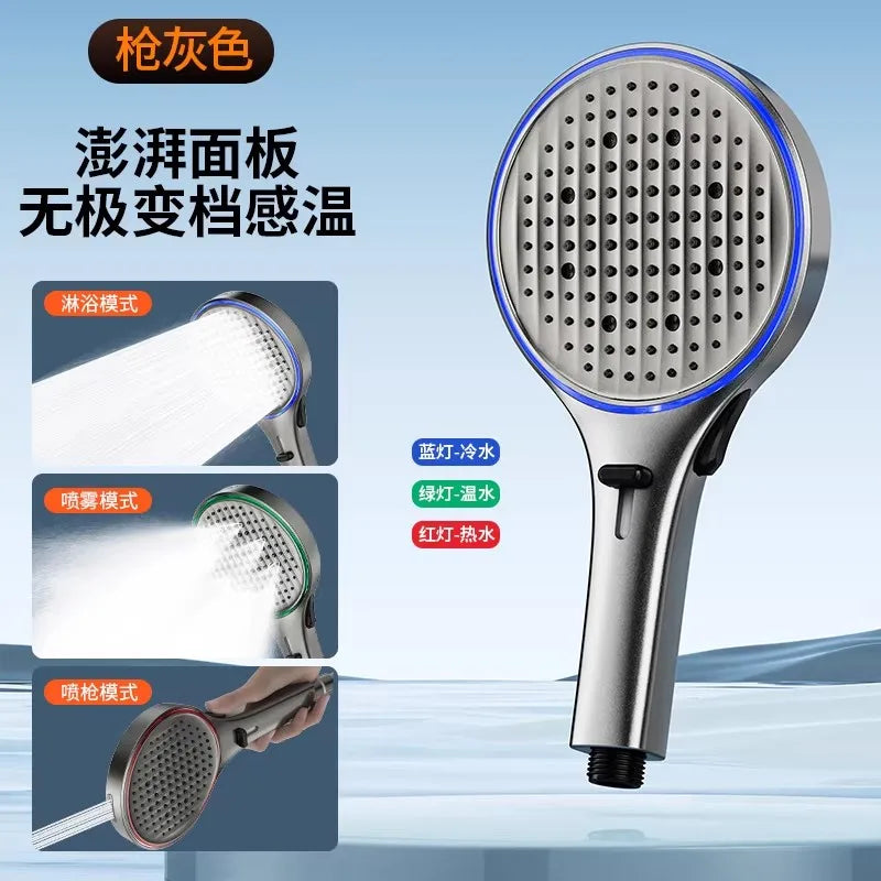 New Big Panel 3 Modes LED Ambient Light Temperature Sensing High Pressure Water Saving Shower Head Spray Bathroom Accessories Oasis Select Grey Shower