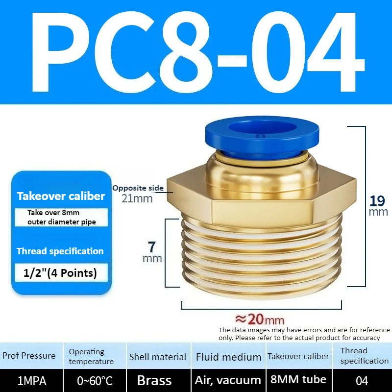 Copper Pneumatic Quick Plug Quick Connector 1/4 "1/8" 3/8 1/2 Thread PC 4mm 6mm 8mm Straight Hose Connector Pipe Oasis Select PC8-04 Blue