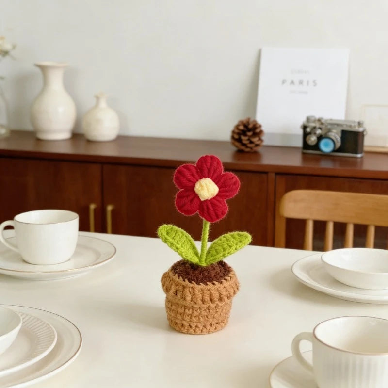 Handmade Knitted Flower Pot Red Heart Shaped Knit Imitation Potted Plant for Mother's Day Gifts Home Desktop Decor Oasis Select
