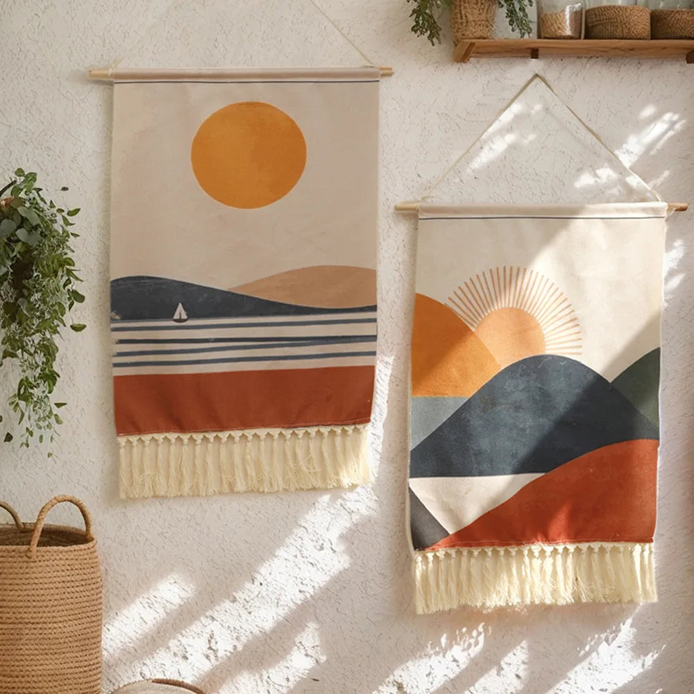 Hand-woven Sunrise and Sunset Print Tassel Tapestry Simple Studio Bedroom Living Room Background Hanging Cloth Oasis Select
