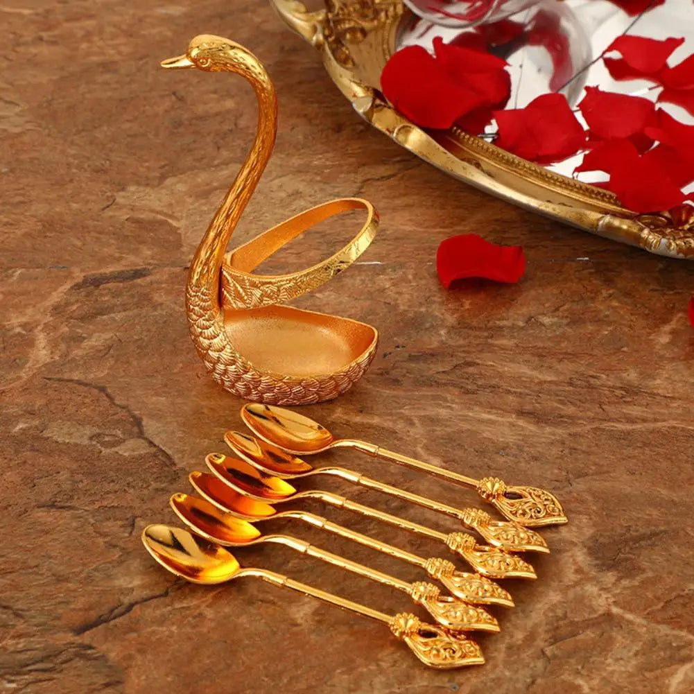 Stainless Steel Creative Dinnerware Set Decorative Swan Base Holder With 6 Spoons For Coffee Tea Cake Dessert Kitchen Supplies Oasis Select