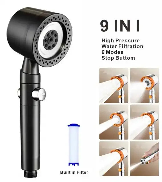 New 5 Mode Pressurized Shower Head With Filter Stop Button Water Saving Spray Nozzles Big Boost Showerhead Bathroom Accessories Oasis Select Black shower