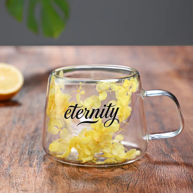 200ml Double Walled Glass Mug Cup Coffee Mug with Dry Flowers Decorative Creative Flower Mug Home Water Cup Drinking Glasses Oasis Select Yellow 200ml
