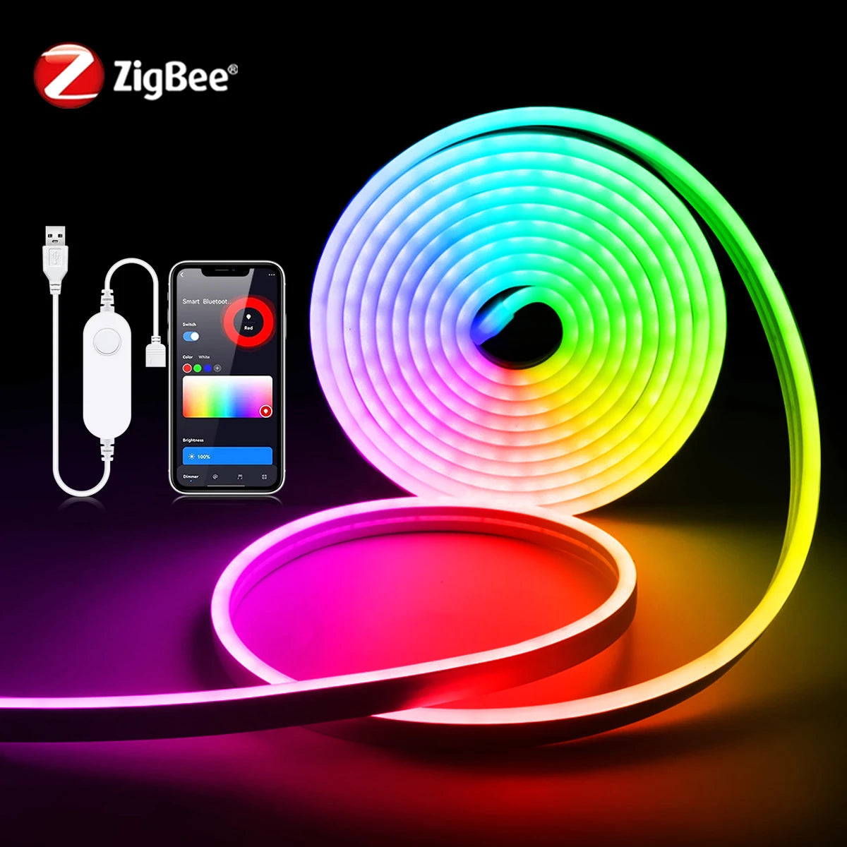 USB 5V Smart Tuya Zigbee 3.0 Neon LED Strip Light RGB/Warm White/White TV Gaming Room Ambinet Backlight Work with Alexa Google Oasis Select