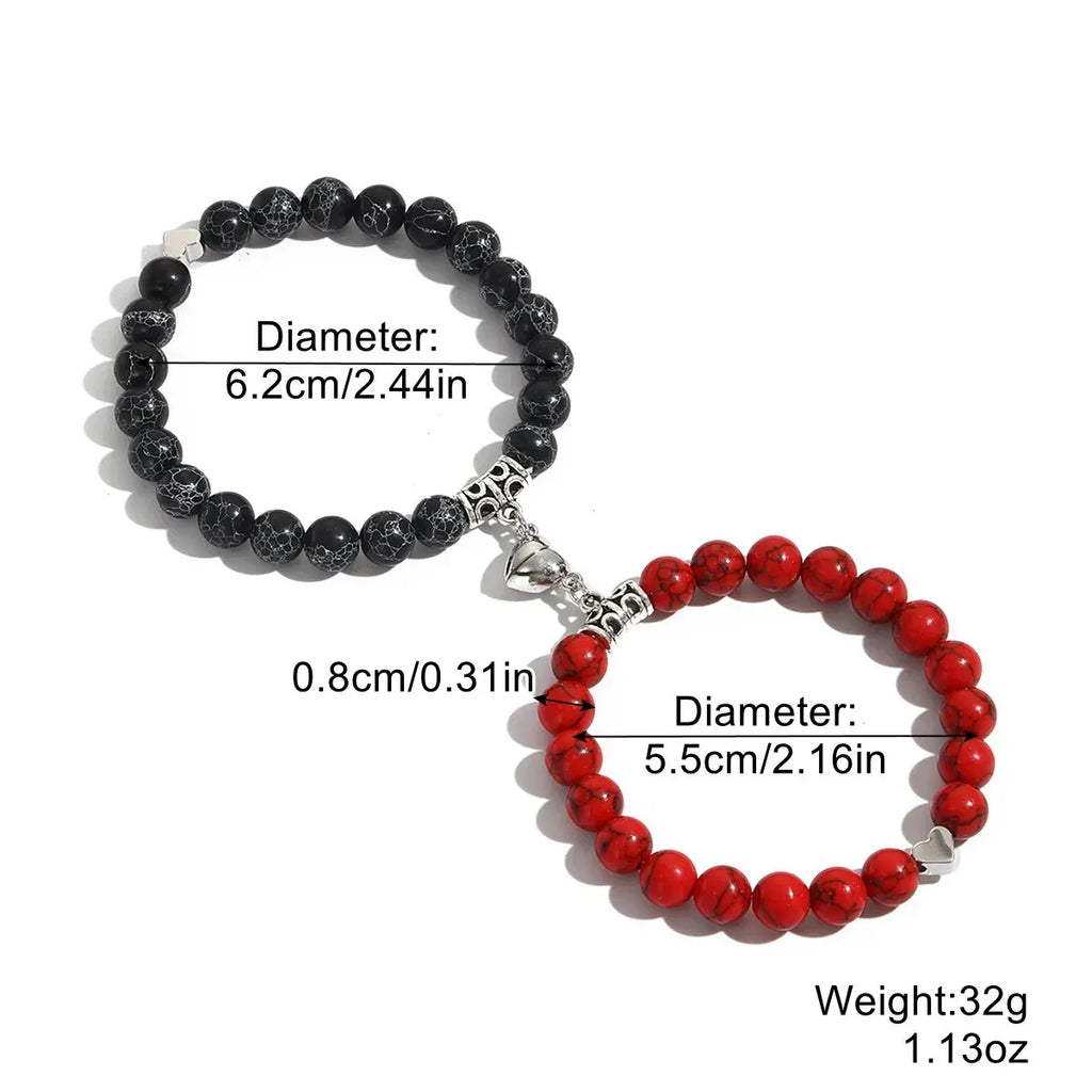 Natural Stone Bead Couple Bracelets Set – Heart Magnet, 2 Pcs