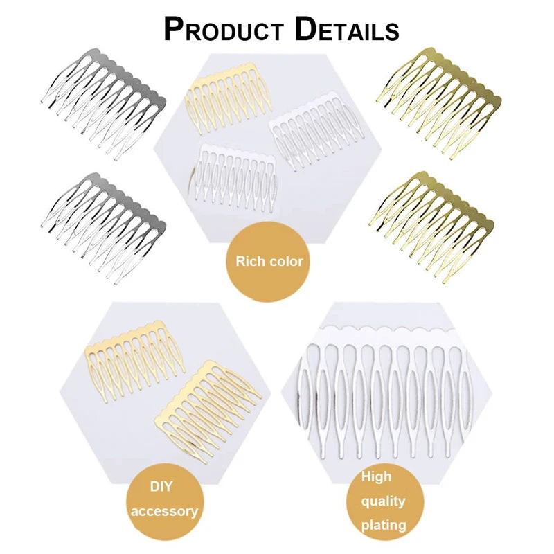 10pcs Gold Metal Side Hair Combs Plain Blank Headpiece French Twist Clip For DIY Wedding Bridal Veil Combs Decor Hair Accessory Oasis Select
