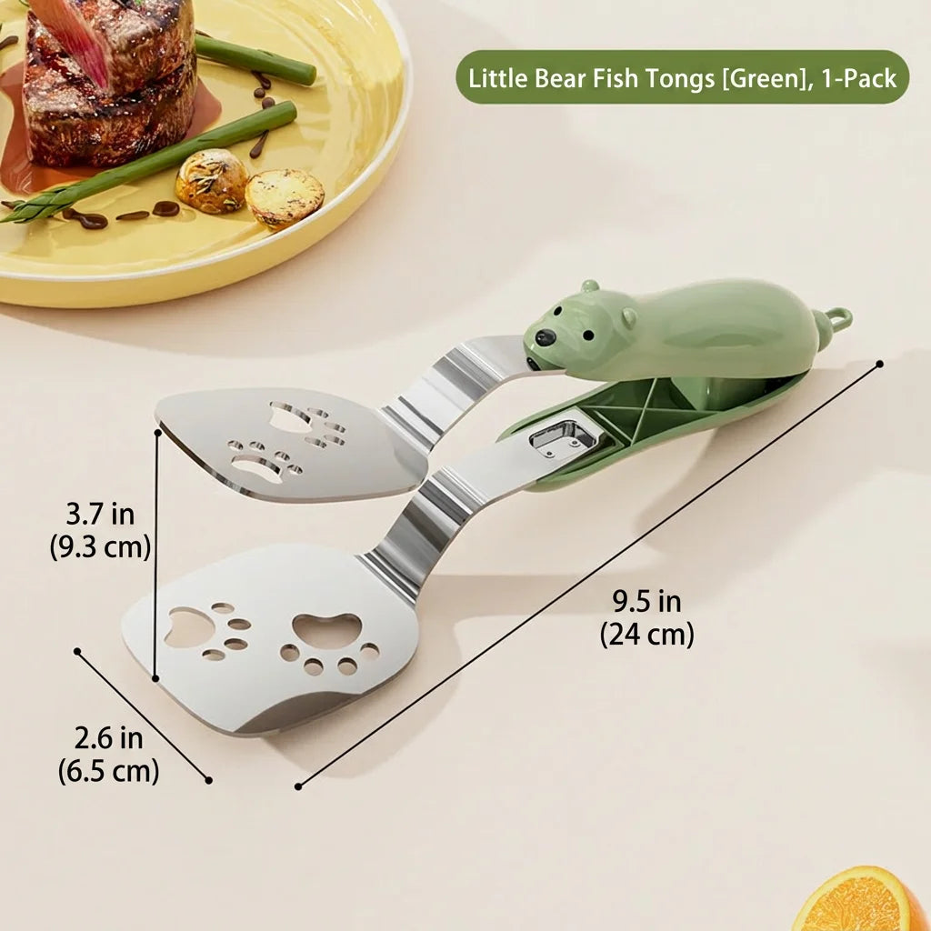 Bear Fish Tongs Flipper Stainless Steel Kitchen Home Utensil Spatula Turner Non Slip Handle Cooking BBQ Grilling Tools Oasis Select Green