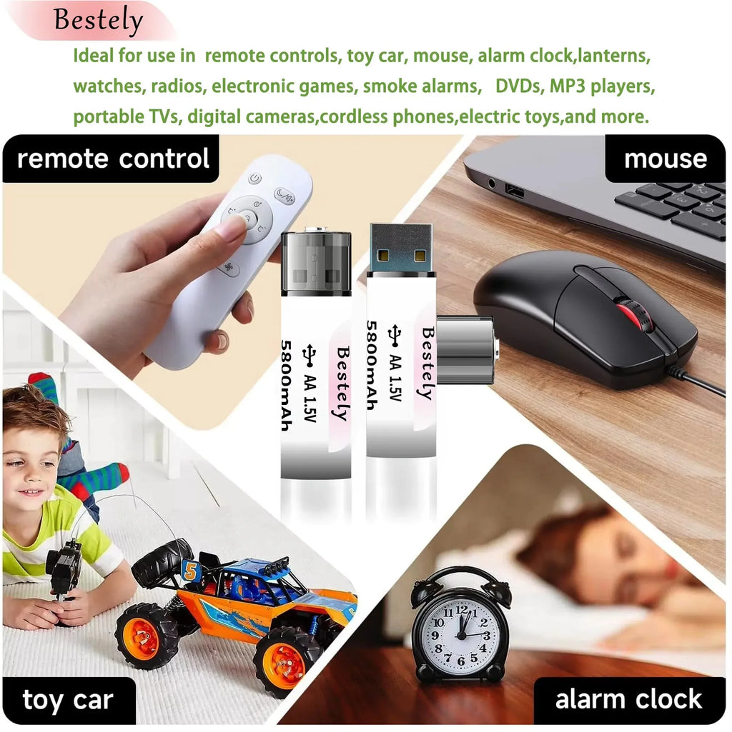 AA Rechargeable Lithium Battery 1.5v 5800mAh USB Li-ion High capacity 1.5h Fast charging Long lasting Oasis Select