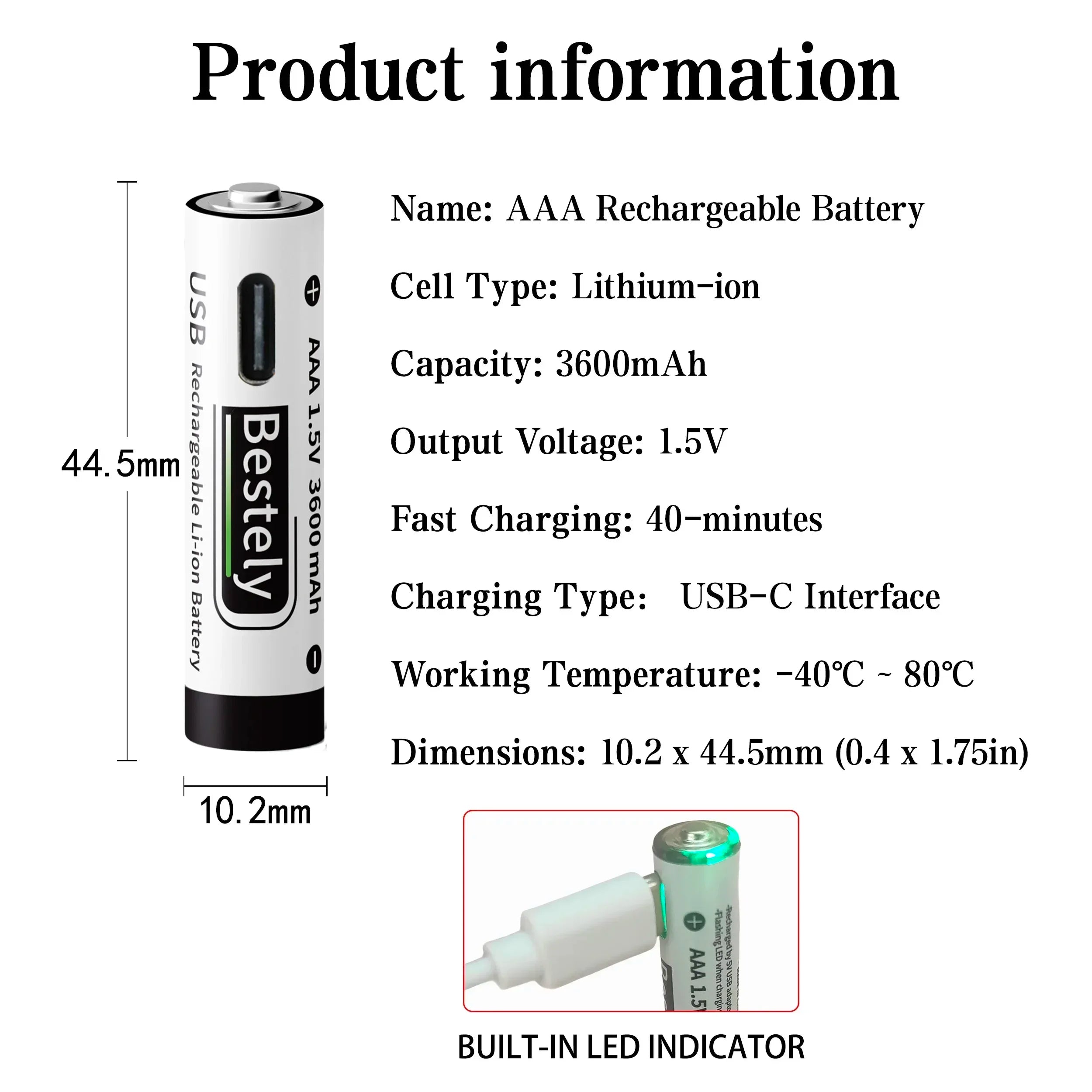 AAA Battery Rechargeable Li-Ion 1.5V 3600mAh 2000 Cycles USB-C Fast Charging Long-Lasting with free USB- C Cable Oasis Select