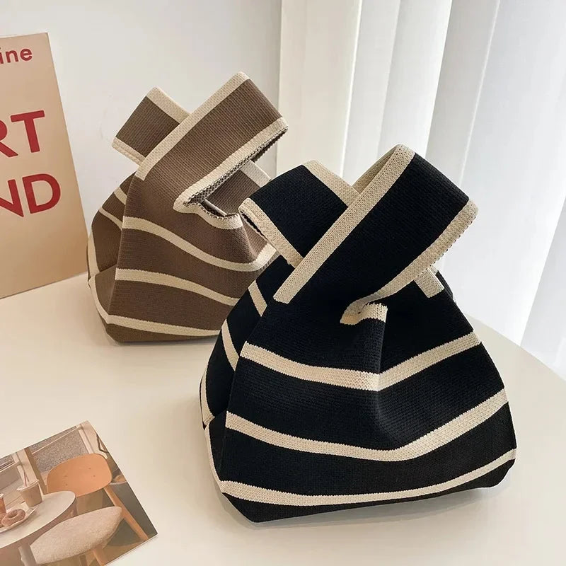 Women Handmade Knitted Small Handbag Casual Wrist Bag Wide Stripe Stripe Shopper Mini Tote Student Reusable Shoulder Bag Oasis Select