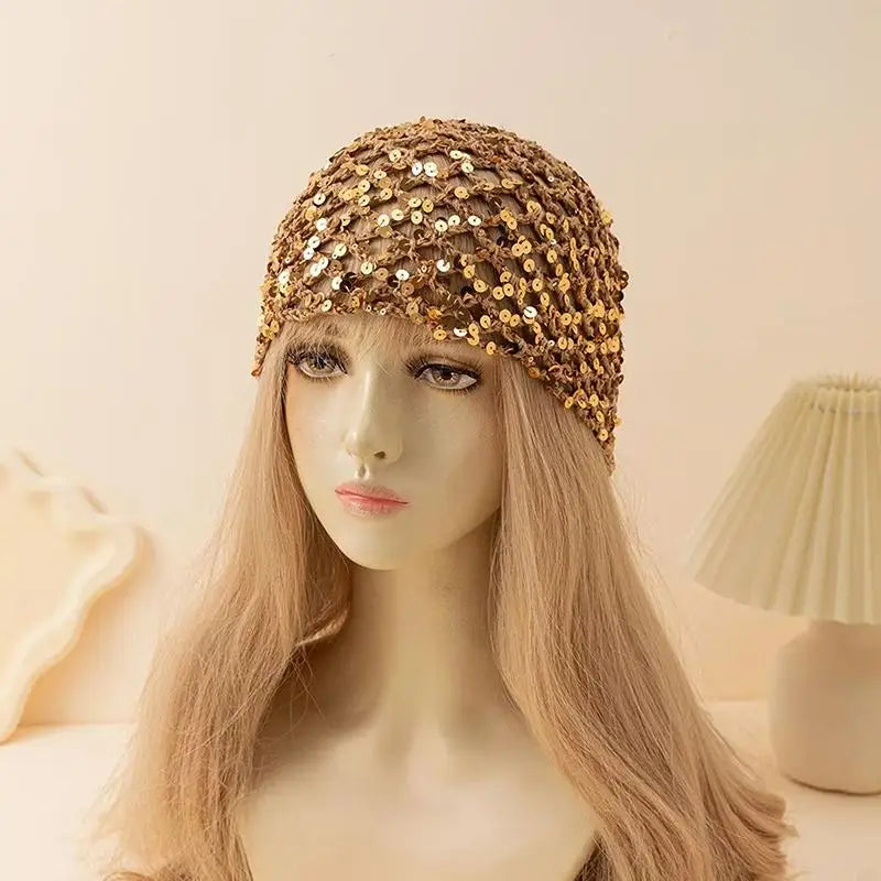 Y2K Sparkly Sequin Knit Beanie Hat – Sheer Hollow Party Cap