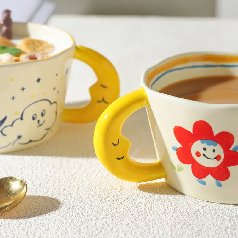 Ceramic Mug Lovely Hand Painted with Moon Handle Creative Breakfast Cup Kitchen Drinkware Milk Tea Coffee Mugs for Birthday Gift Oasis Select