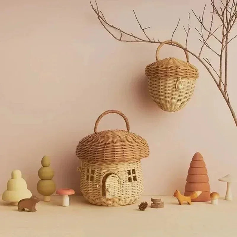 Handmade Mushroom Basket Bag Rattan Woven Baskets Straw Storage Box Vacation Picnic Basket Kid Toy Sundries Storage Basket Oasis Select
