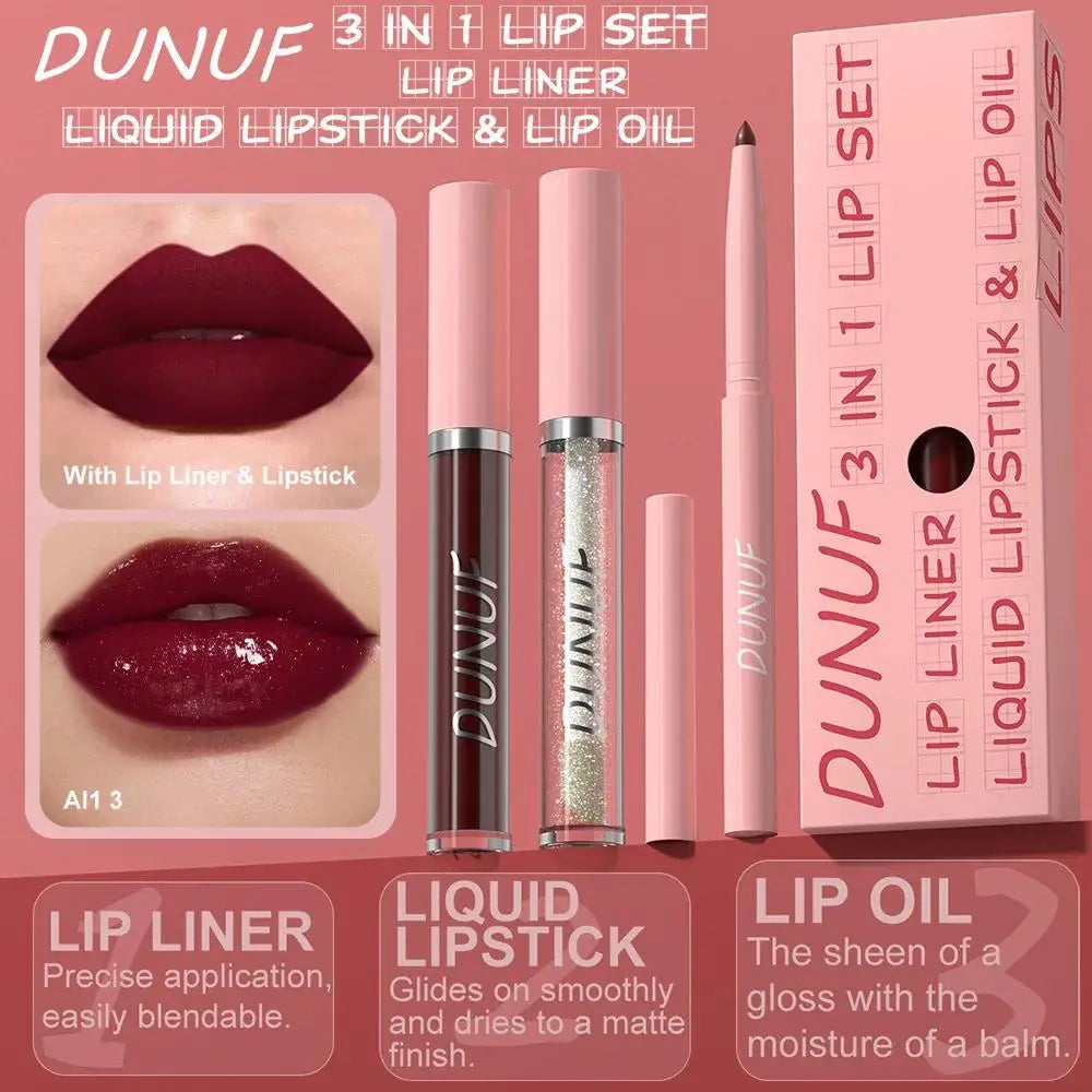 DUNUF 3-Pc Matte Lipstick Set – Lip Liner, Gloss & Oil Kit