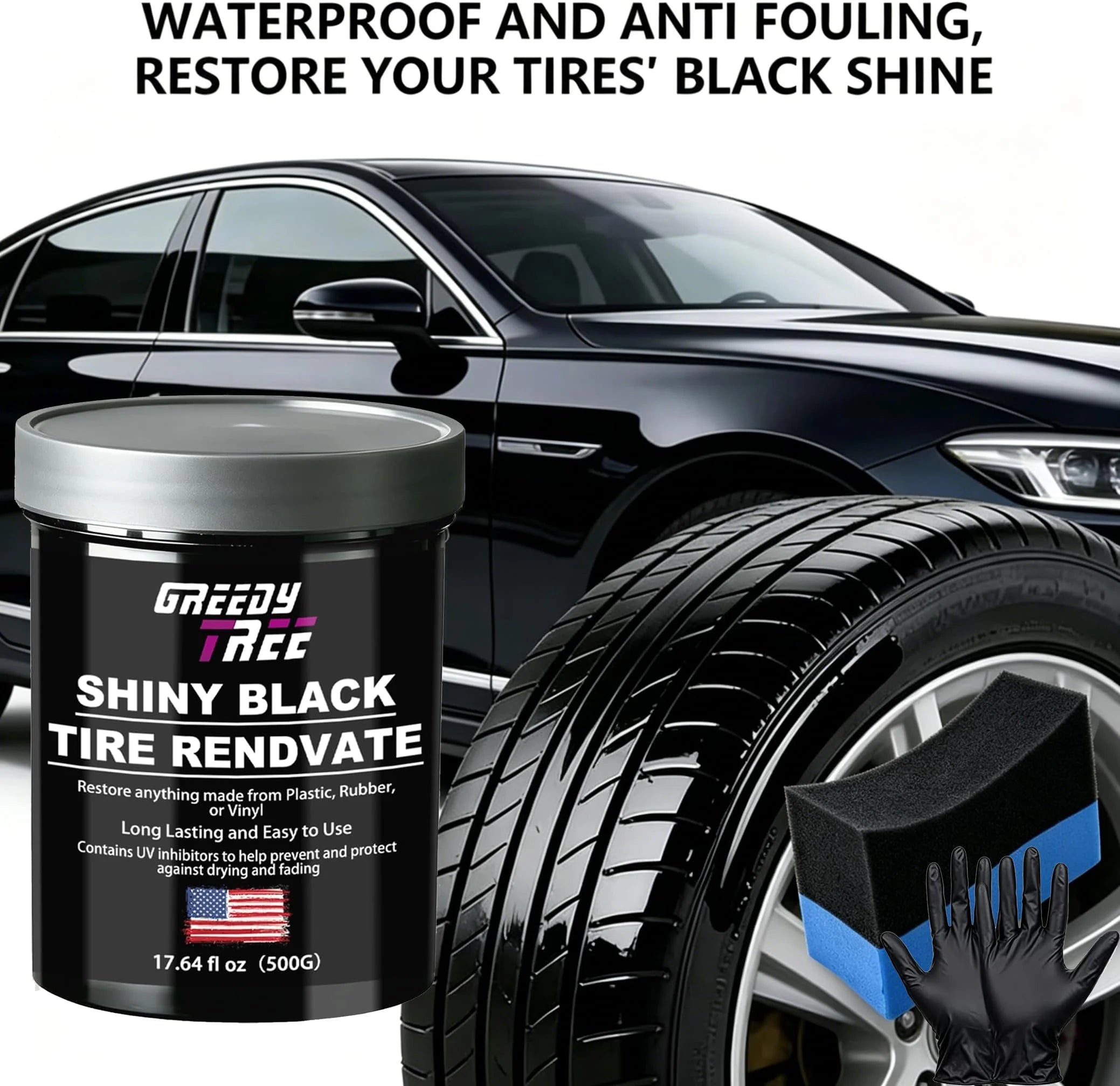 Tire Shine Kit – UV Protection Tire Dressing with Applicator Sponge