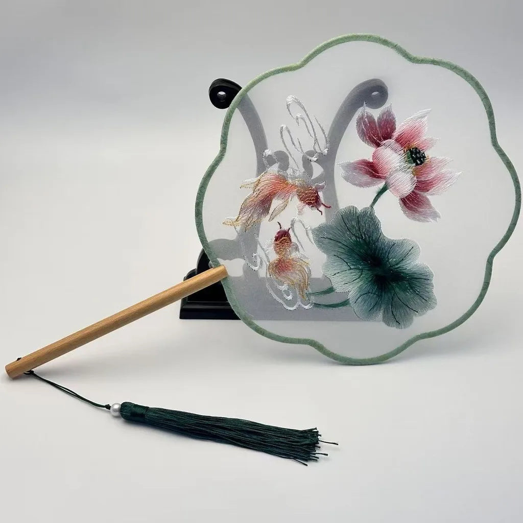 Chinese Style Silk Round Fan Double-sided Floral Embroidery Hand Fans with Tassel Summer Dance Fan For Women Wedding Home Decor Oasis Select Assorted Colors-07