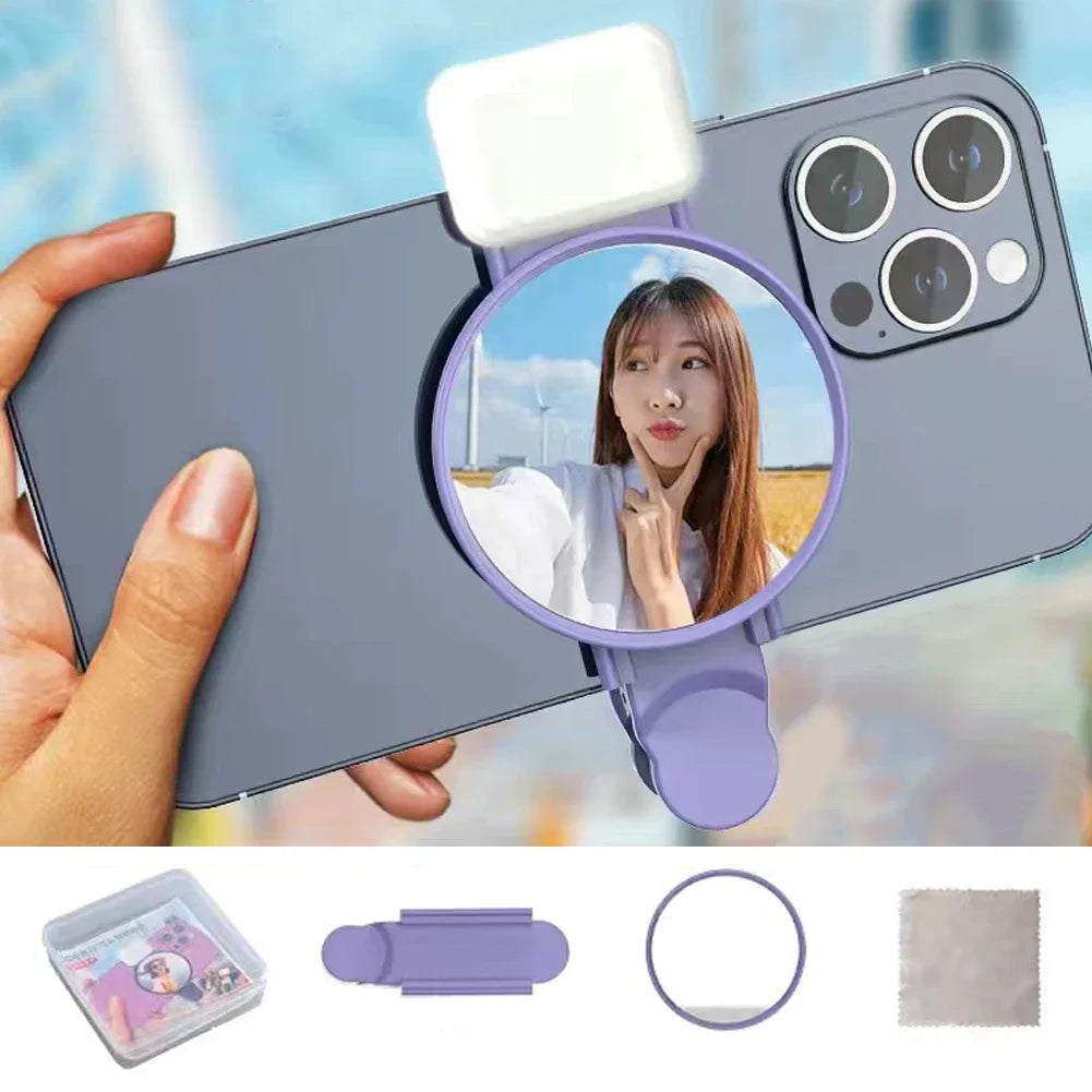 Clip-On Selfie Ring Mirror with Fill Light for Smartphone