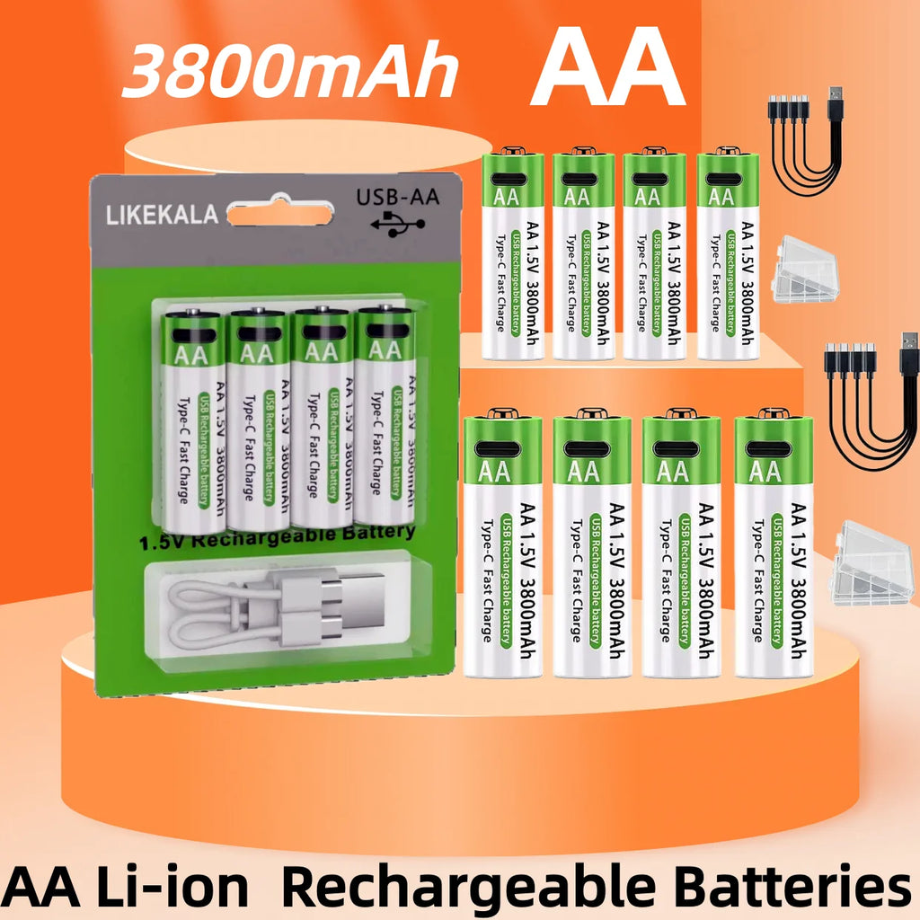 2026 Hot Li-ion AA Rechargeable Batteries USB Lithium-ion 3800mAh 1.5V AA Rechargeable Batteries+ Data Cable and Storage Box Oasis Select