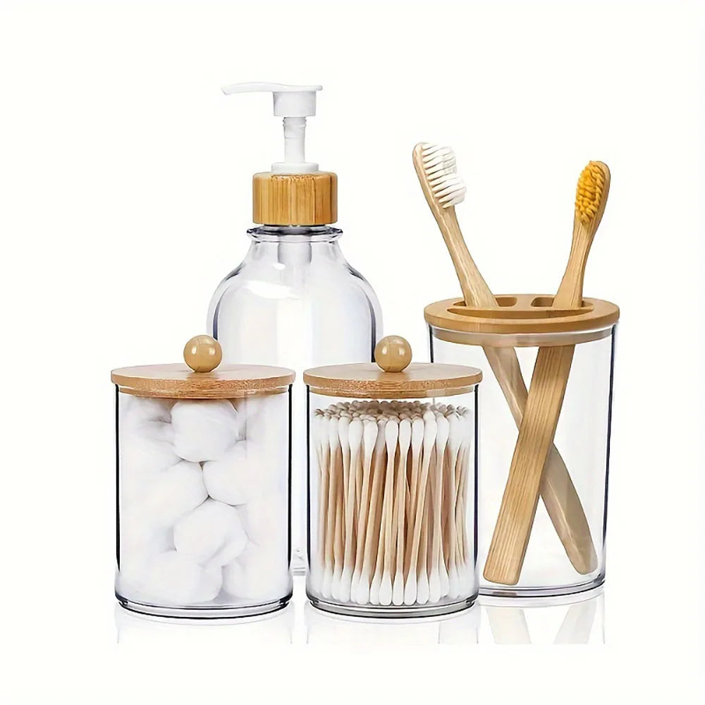 4pcs Bamboo Bathroom Accessories Set - Rustic Boho Decor, Soap Dispenser, Toothbrush Holder, 2 Cotton Swab Holder Jars Oasis Select Clear