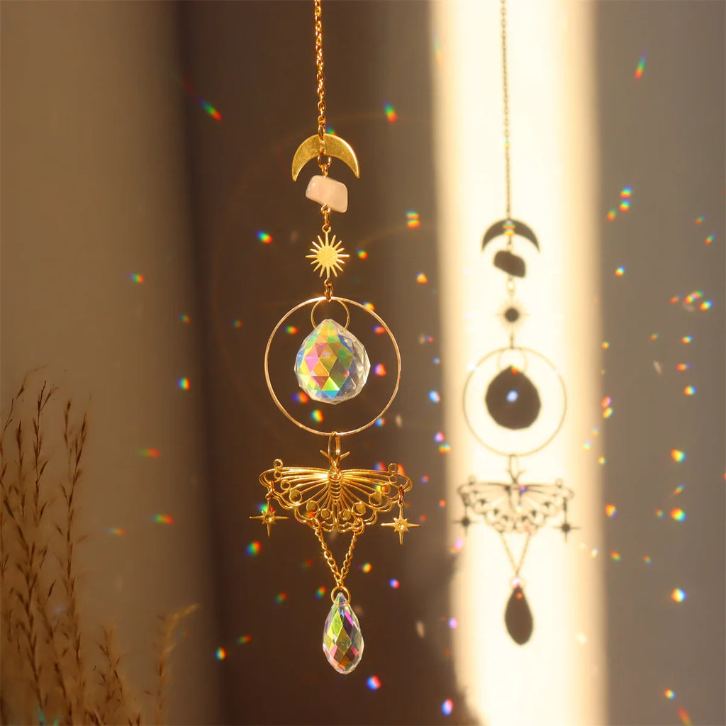 Brass Butterfly Moth Crystal Sun Catcher Pink Crystal Rough Window Room Garden Decor Hanging Ornament New Oasis Select 1