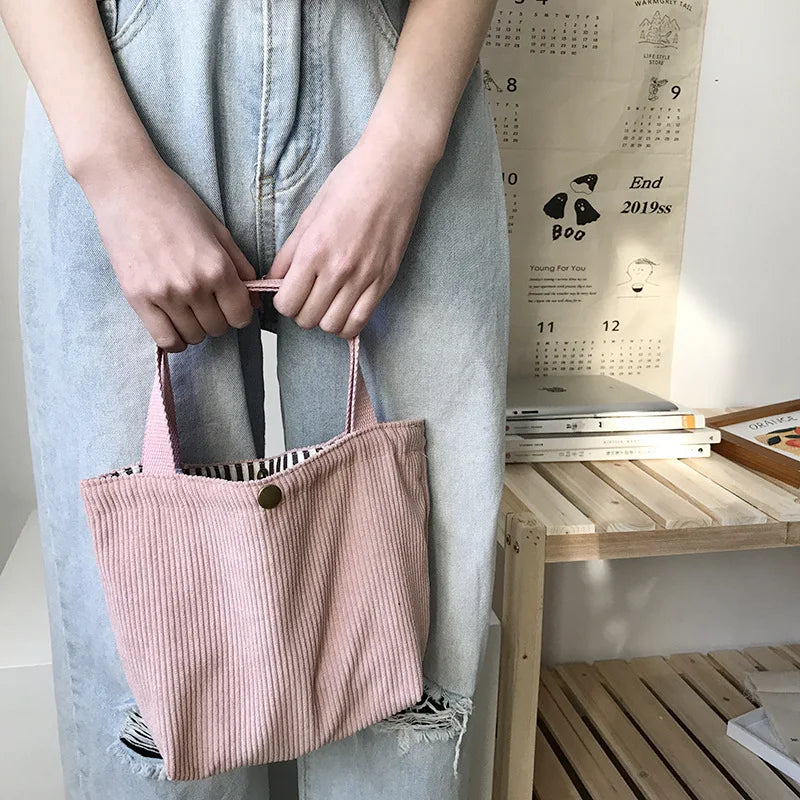 Lunch Bag Corduroy Canvas Lunch Box Drawstring Picnic Tote Eco Cotton Cloth Small Handbag Dinner Container Food Storage Bags Oasis Select Pink