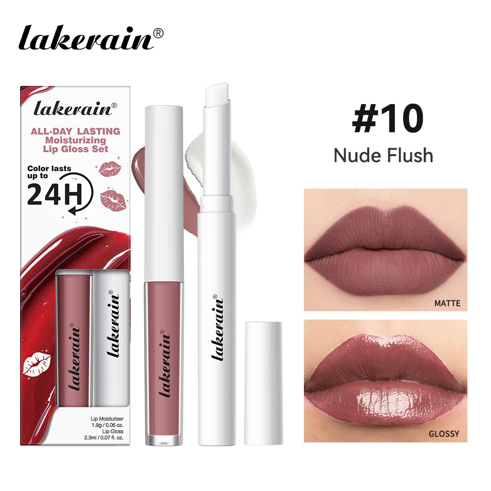 Lakerain Moisturizing Lip Gloss 2-in-1 Set Waterproof Sweat-proof Matte Topcoat Finish Long Lasting Moisturizing Smooth Lip Skin Oasis Select Nude Flush