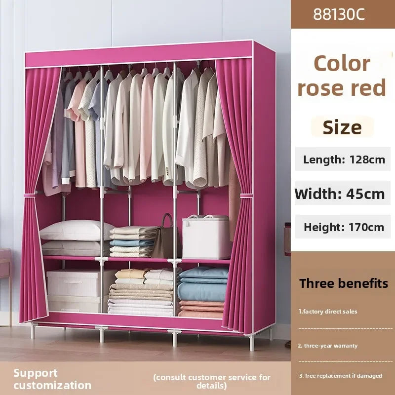 Multi-functional Simple wardrobe assembly wardrobe household simple storage steel frame modern wholesale cloth wardrobe Durable Oasis Select Rose red