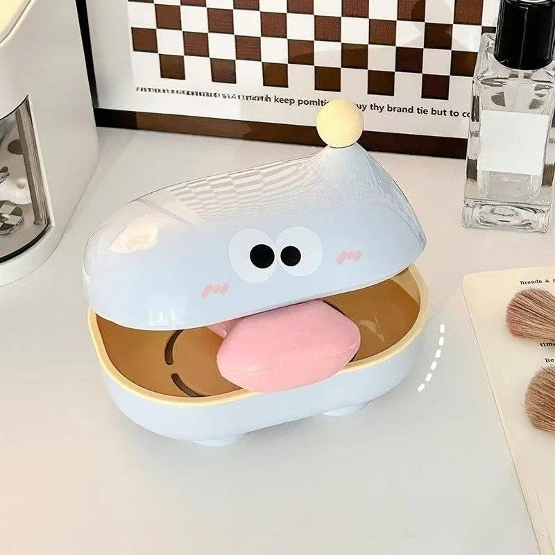 Flip-top Soap Box Big-eyed Cute Household Draining Soap Holder with Lid Cartoon Soap Box for Student Dormitorie Bathroom Storage Oasis Select