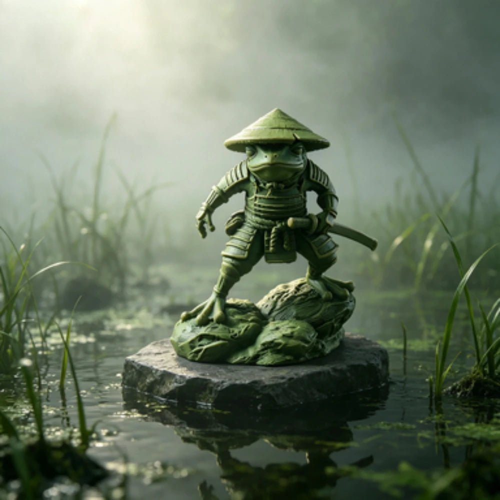 3D Samurai Frog Statue with Retro Bamboo Hat Armor Japanese Warrior Frog Desktop Figurine Study Tea Table Entryway Decorative Oasis Select