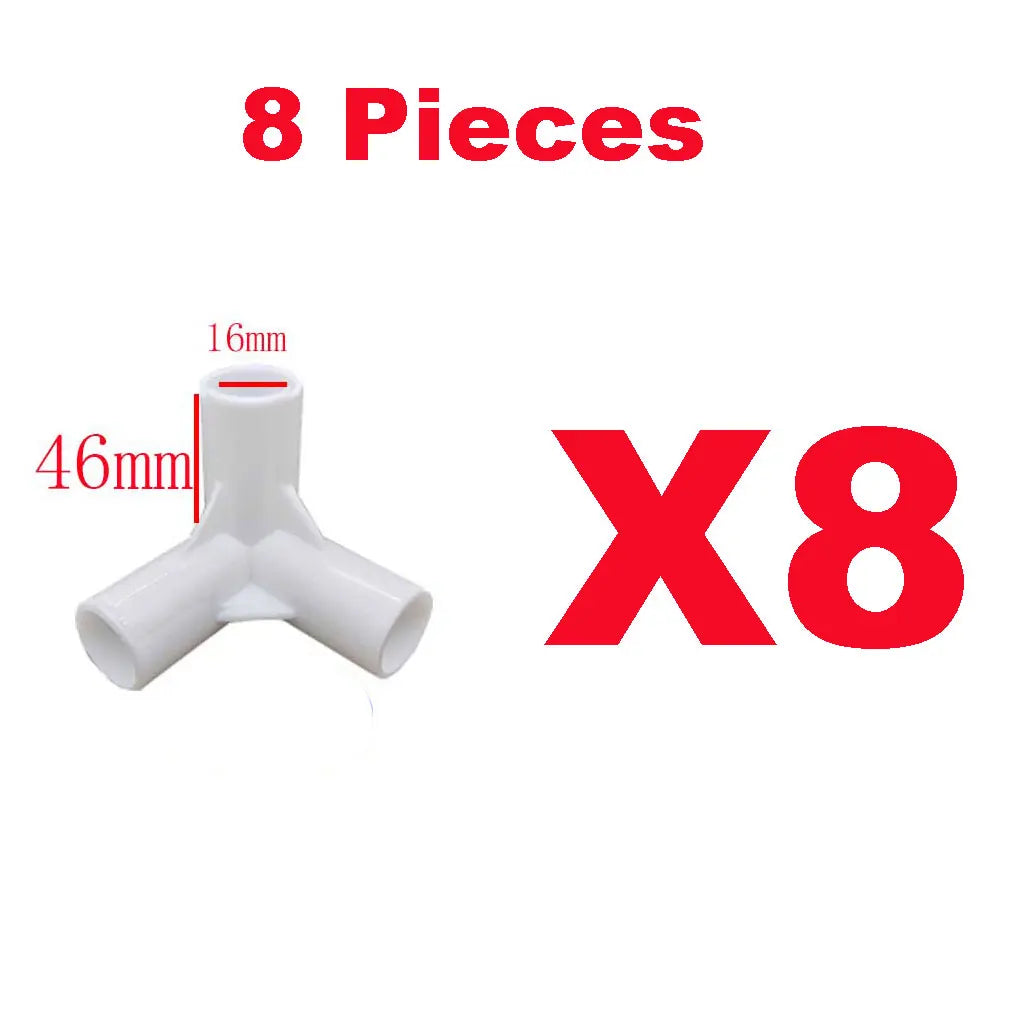 3 way White PVC Tent Feet Corner Center Connector Pipe PVC Straight Elbow Tee Connector Plastic Joint DIY Wardrobe Tent Fittings Oasis Select 16mm 8 pieces