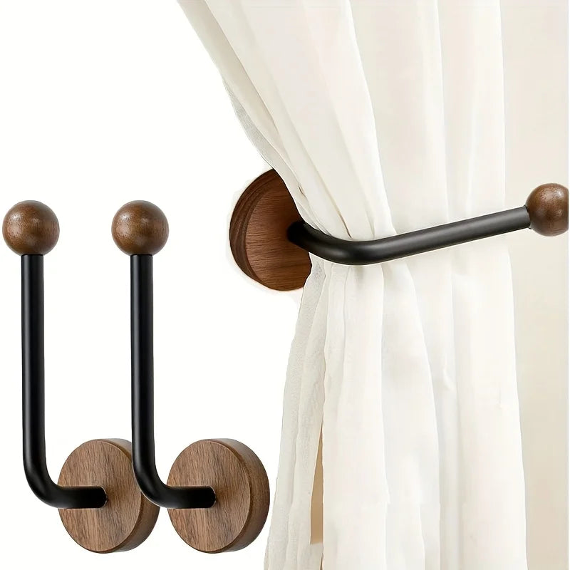 2-Pack Modern Adhesive Curtain Holdbacks No Drill Wall Mounted with FAS Walnut Wood Base - Heavy Duty Adhesive Panels & Wood Oasis Select
