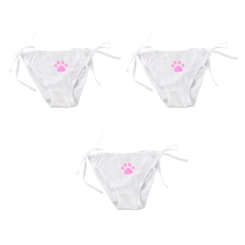 1/2/3/4pcs Women Sexy Sweet Cat Claw Briefs Low Waist Bowknot Bandage Lingerie Strings Strap Underwear Ladies Breathable Panties Oasis Select 3pcs white One Size as show