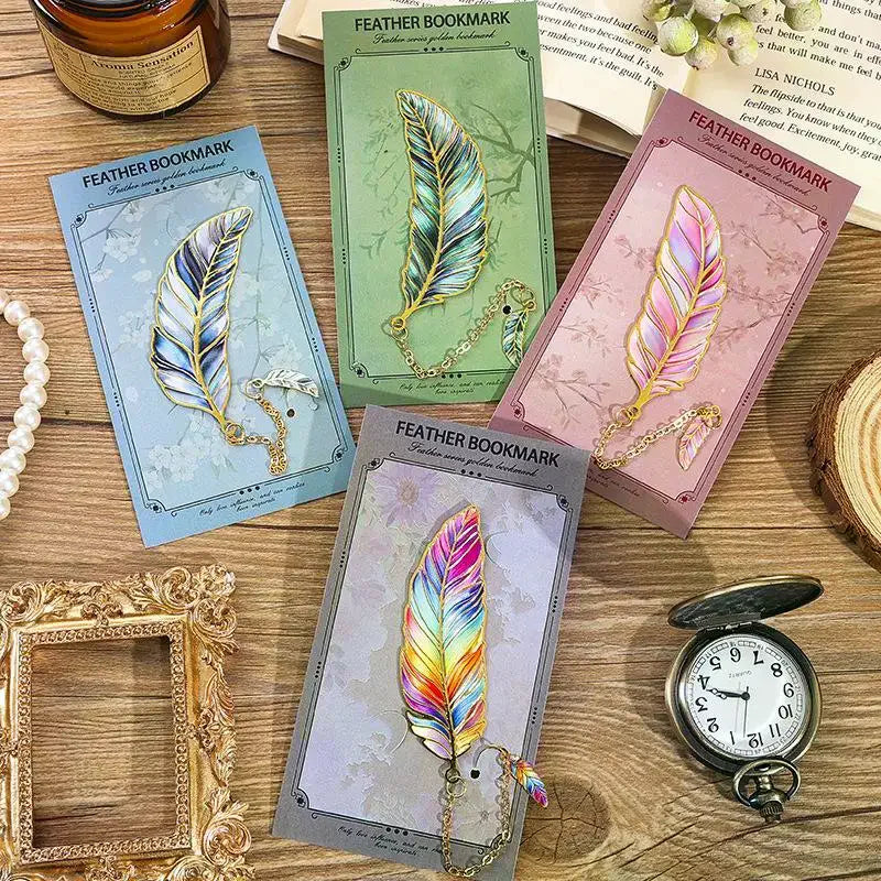 1Pcs Exquisite Book Page Divider Vintage Gold Stamped Metal Bookmark With Metal Chain Pendant Office Stationery Oasis Select
