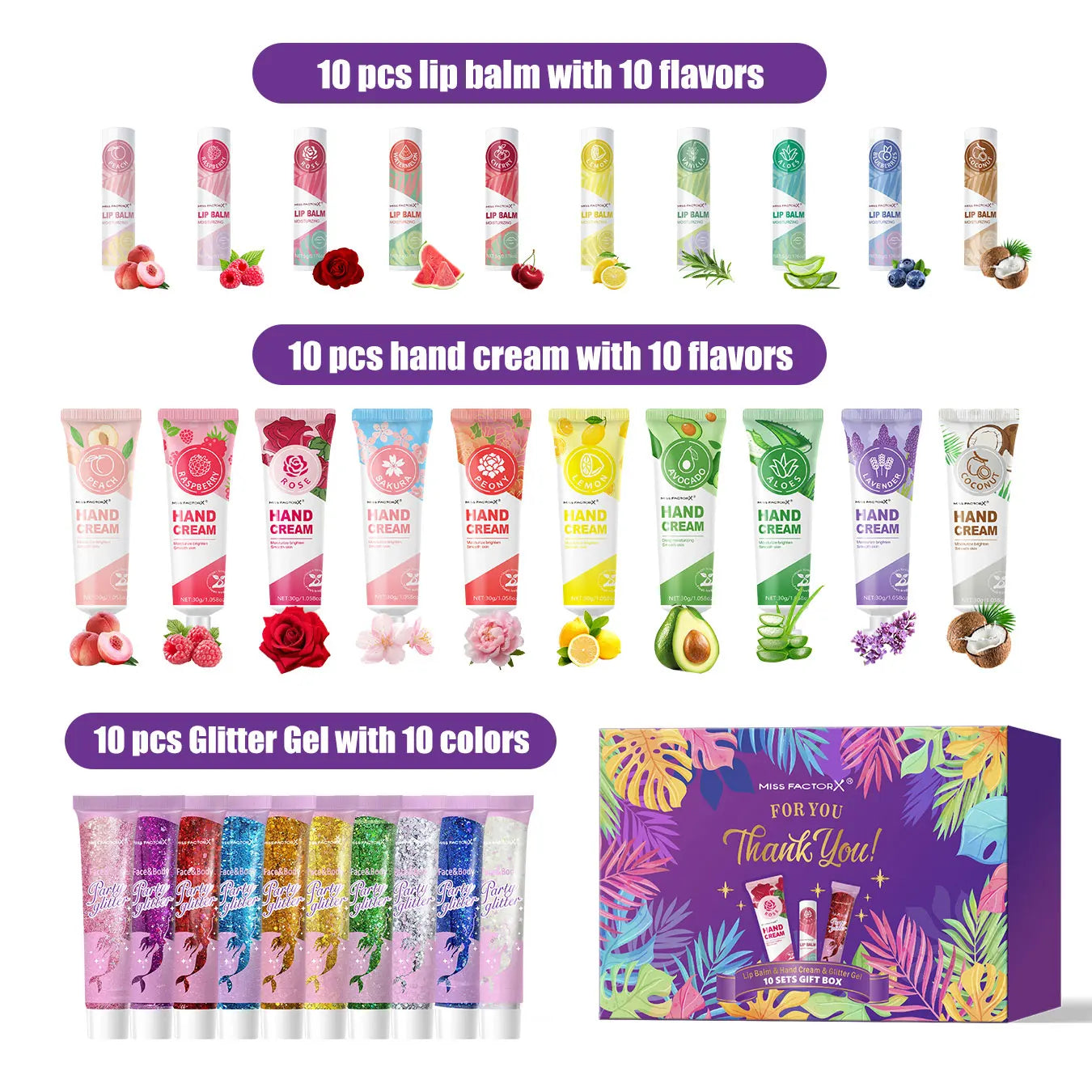 Women's gift set -10 sets/box with hand cream, lipstick, glitter, gift gauze bag, green leaf thank you card combination Oasis Select Gift Set