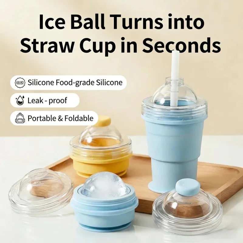 New Portable Foldable Ice Ball Cup with Built-in Straw Food-Grade Silicone Ice Maker Mold Summer Outdoor Travel Tumbler Oasis Select