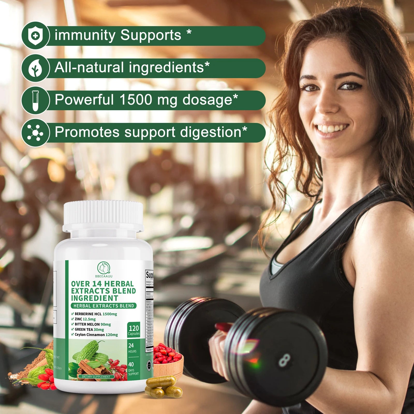 BBEEAAUU 1500MG Berberine HCL with Cinnamon, Bitter Gourd Promotes Liver Function, Gut Health, Immunity Health Oasis Select