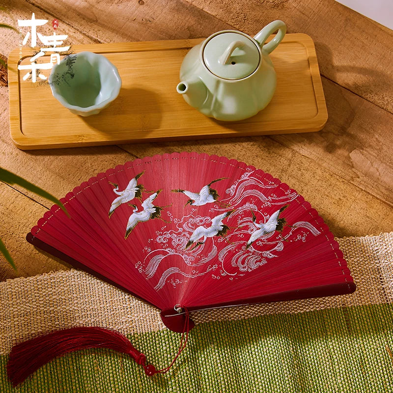 18cm Chinese style retro style all bamboo crane dark green big red bronzing folding fan portable cheongsam dance fan Oasis Select