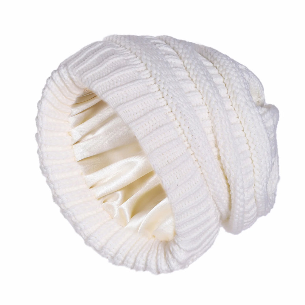 Skeleton hat with micro elastic satin lining, knitted hat with satin lining, windproof and warm hat, double-layer knitted hat wi Oasis Select 7