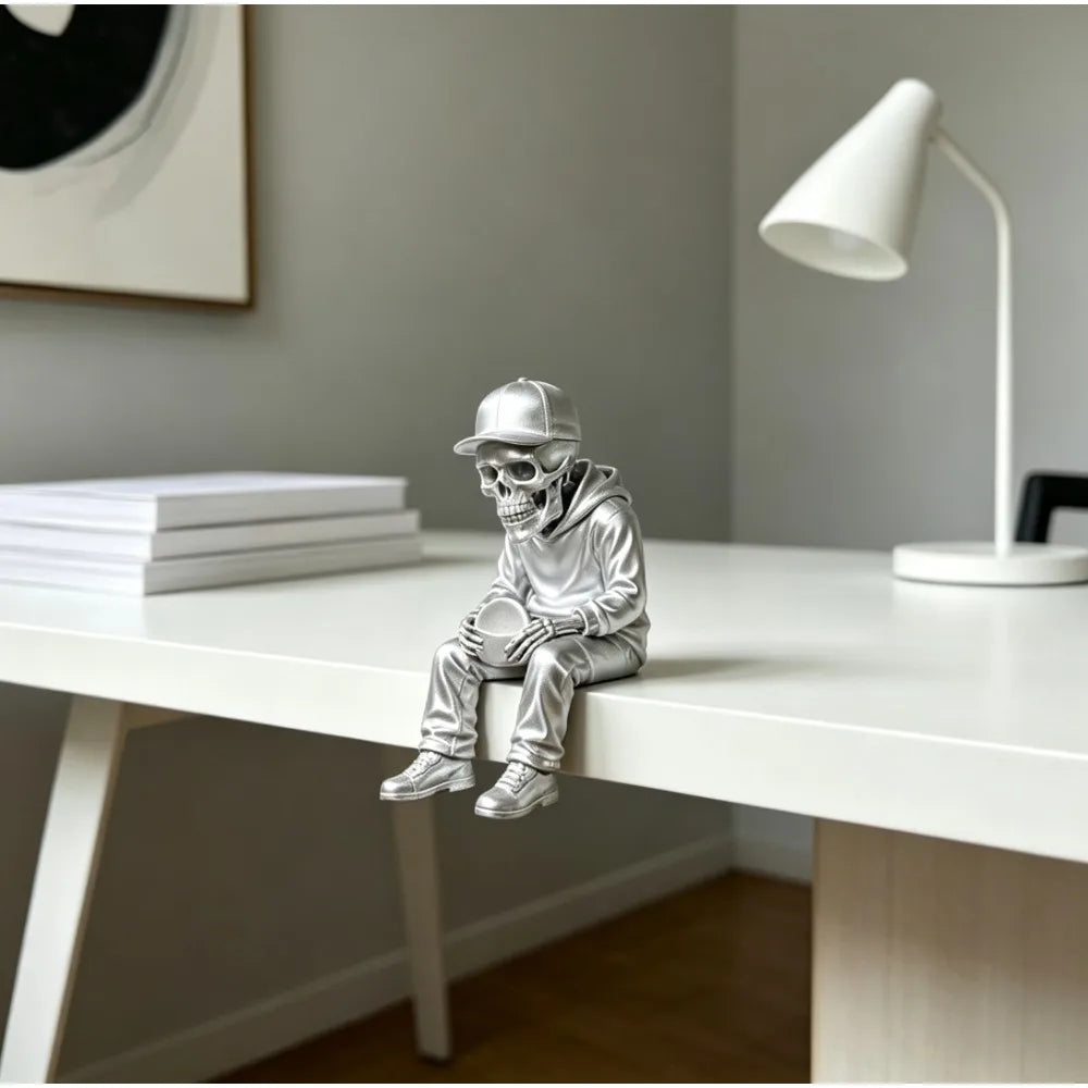 Frisbee Skull Figurine 3D Printing Casual Sitting Edge Sitter Statue Modern Gothic Ornaments for Home Office Desktop Shelf Decor Oasis Select