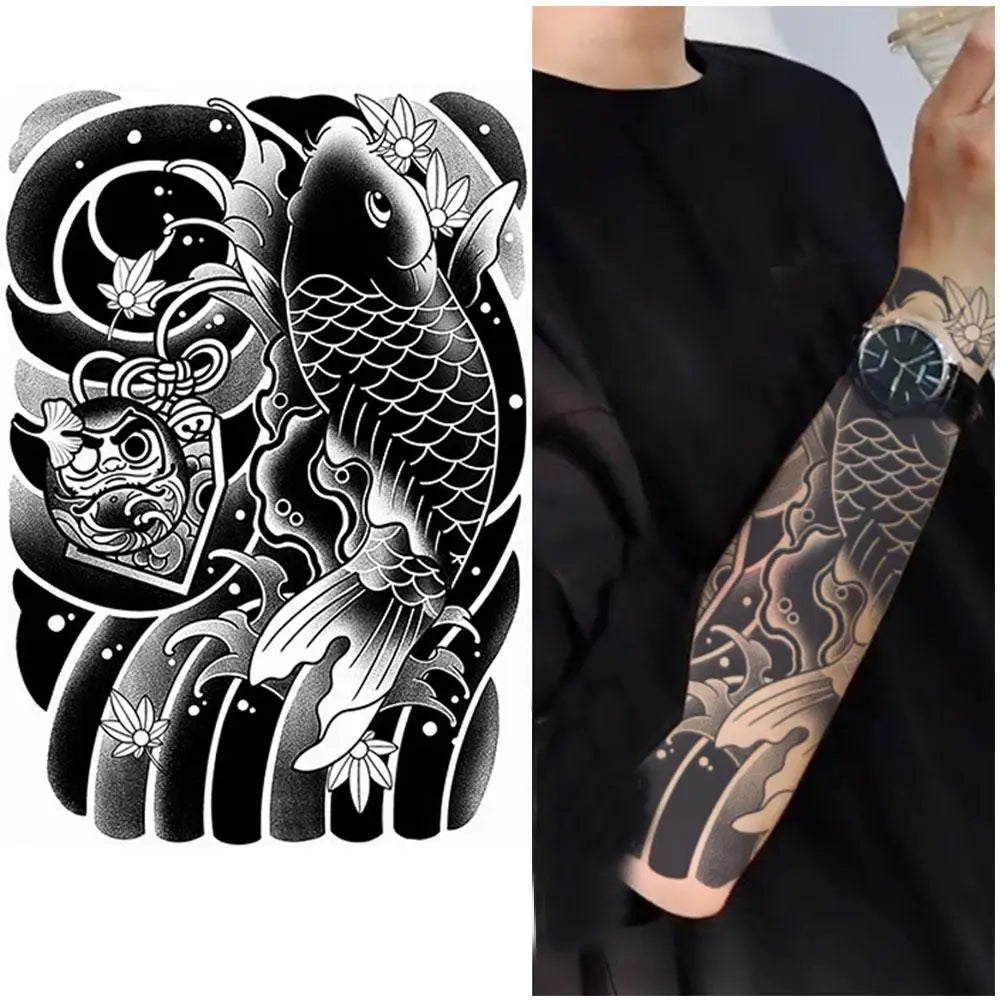Waterproof Temporary Tattoo Sticker Semi-permanent Non-reflective Old Traditional Blossom Arm Koi Fish Fake Tattoos Oasis Select