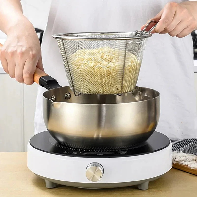 French Chip Frying Strainer Basket Stainless Steel Deep Fry Basket Kitchen Round Fryer Wire Mesh With Handle Wire Colander Nets Oasis Select