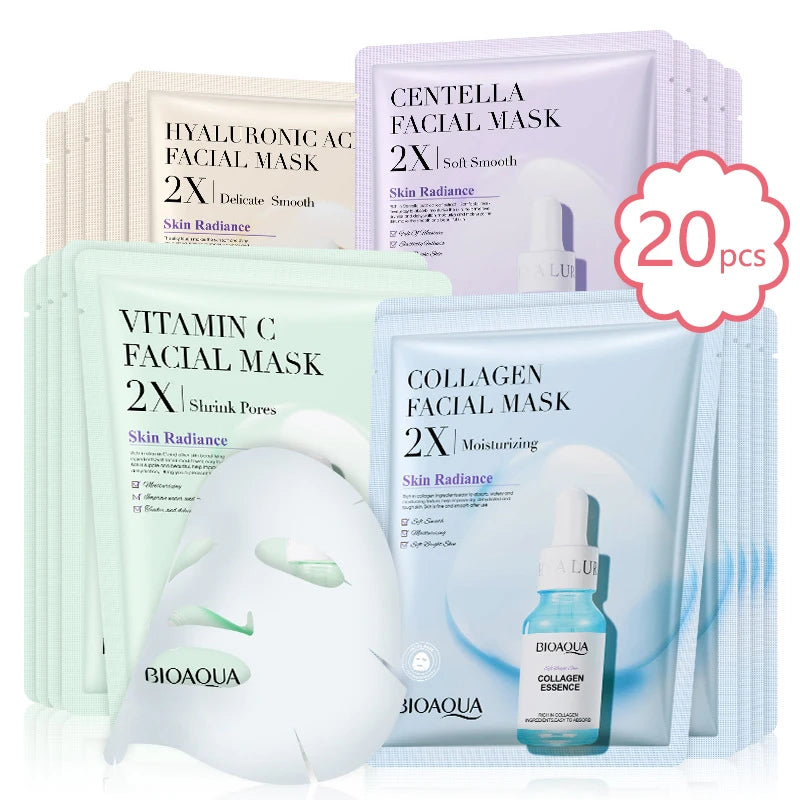 BIOAQUA Centella Collagen Sheet Mask 20pc – Hyaluronic Acid Facial Sheet Mask Oasis Select 4 types mix