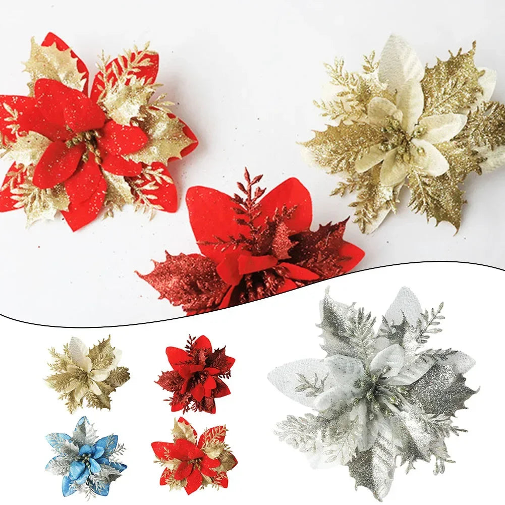 Christmas Poinsettia Glitter Flower Hanging Xmas Party Tree Decoration Xmas Tree Ornament Home Decoration Navidad New Year Oasis Select