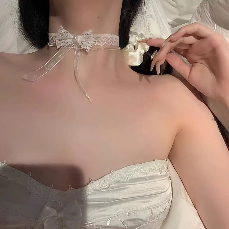 1pcs Fashionable And Sexy Bow White Faux Lace Choker Neck Accessory Elegant Lace Bowknot Choker Necklace Choker Short Chain Oasis Select
